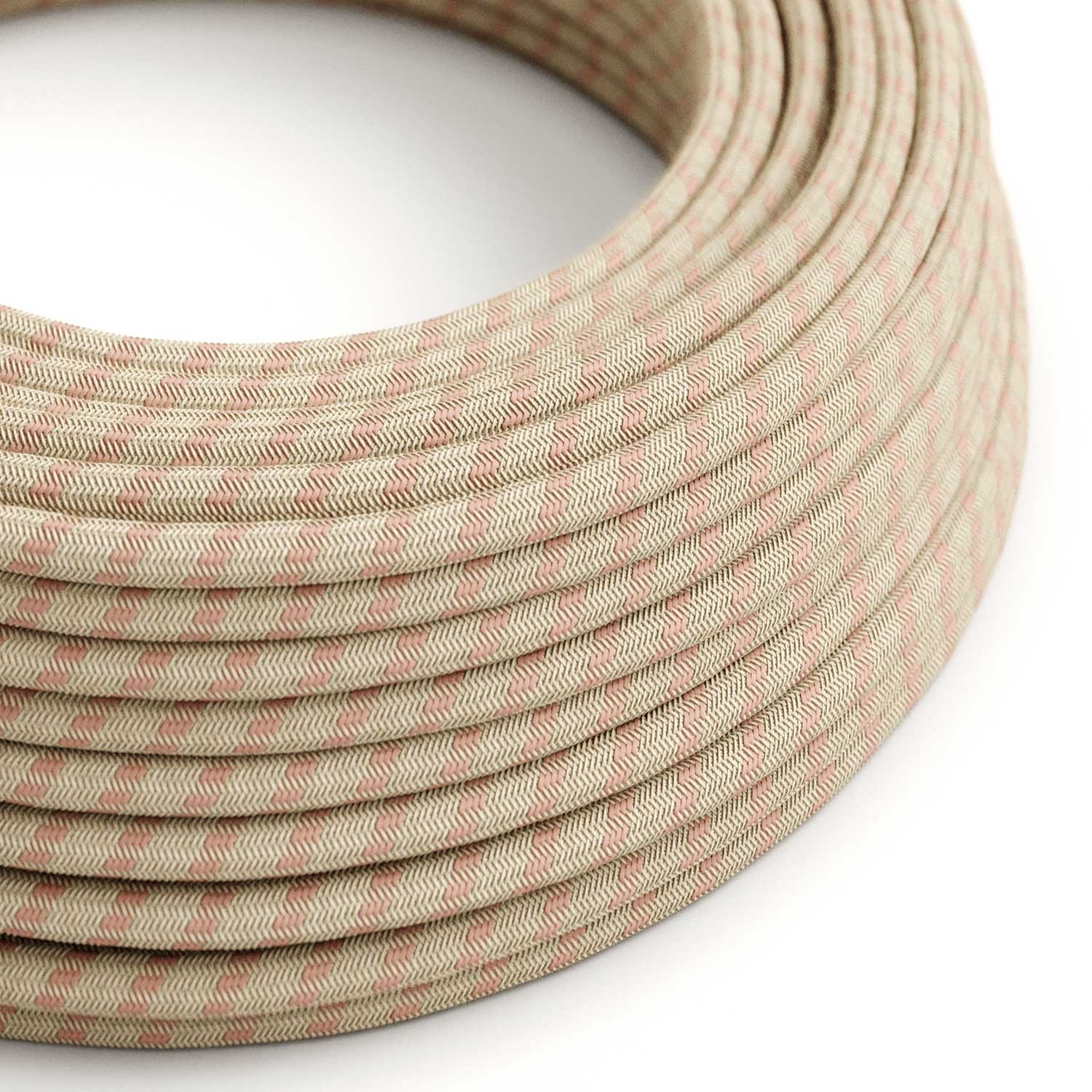 Natural & Pink Linen Stripe covered Round electric cable - RD51