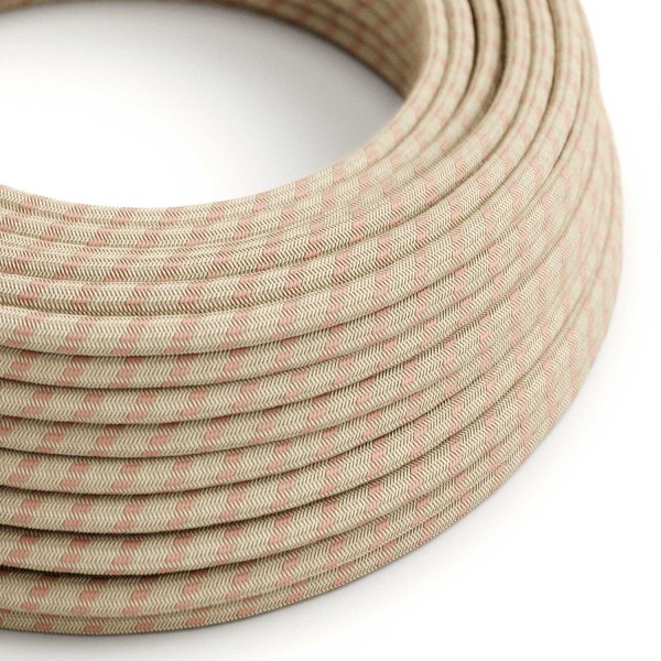 Natural & Pink Linen Stripe covered Round electric cable - RD51