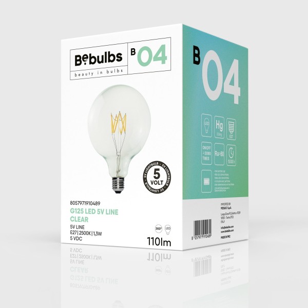 LED Light bulb Clear B04 5V Collection Short filament Globe G40 (G125) 1,3W E27 Dimmable 2500K