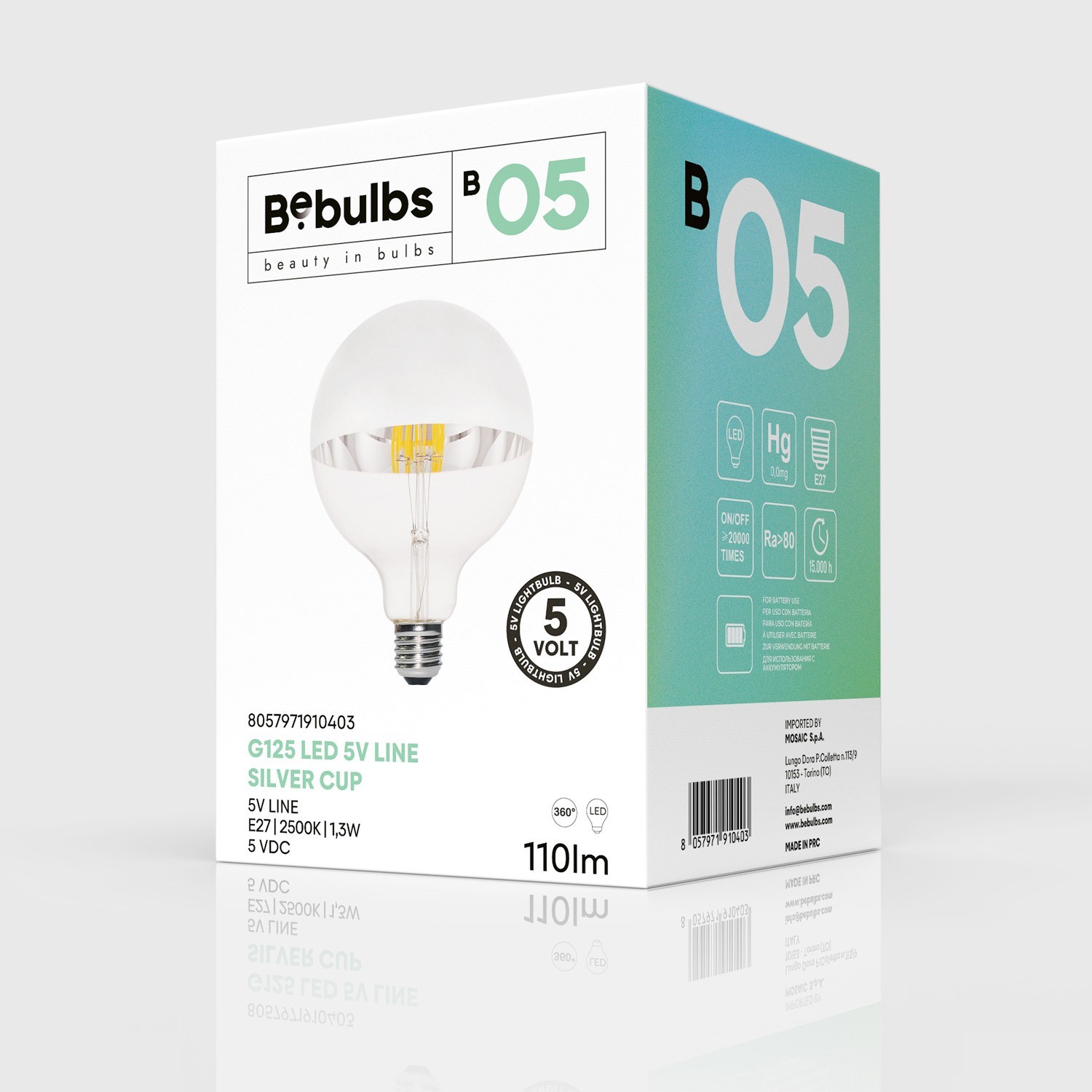 LED Light bulb Half sphere silver B05 5V Collection Short filament Globe G40 (G125) 1,3W E27 Dimmable 2500K