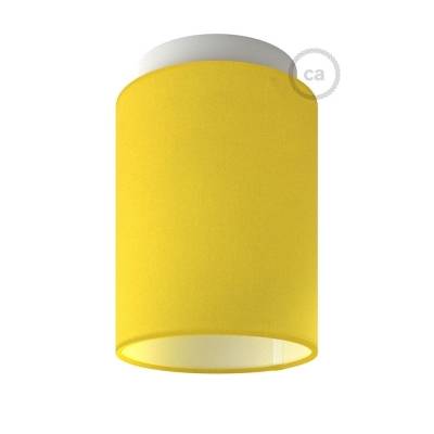 Fermaluce with Bright Yellow Canvas Cylinder Lampshade, white metal, Ø 5.90" h7.10", for wall or ceiling mount