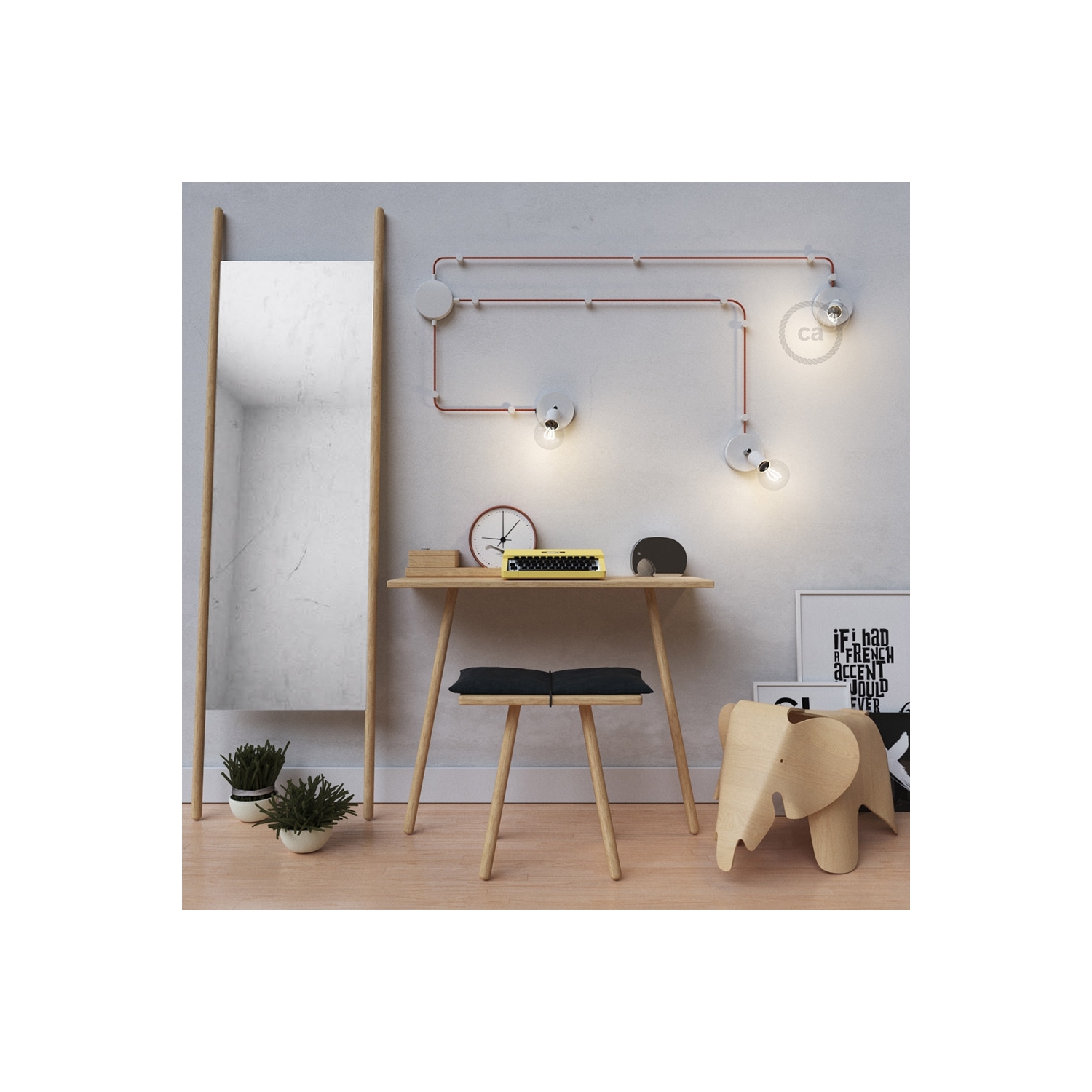 Spostaluce Metallo 90°, the white adjustable light source with fabric cable and side holes