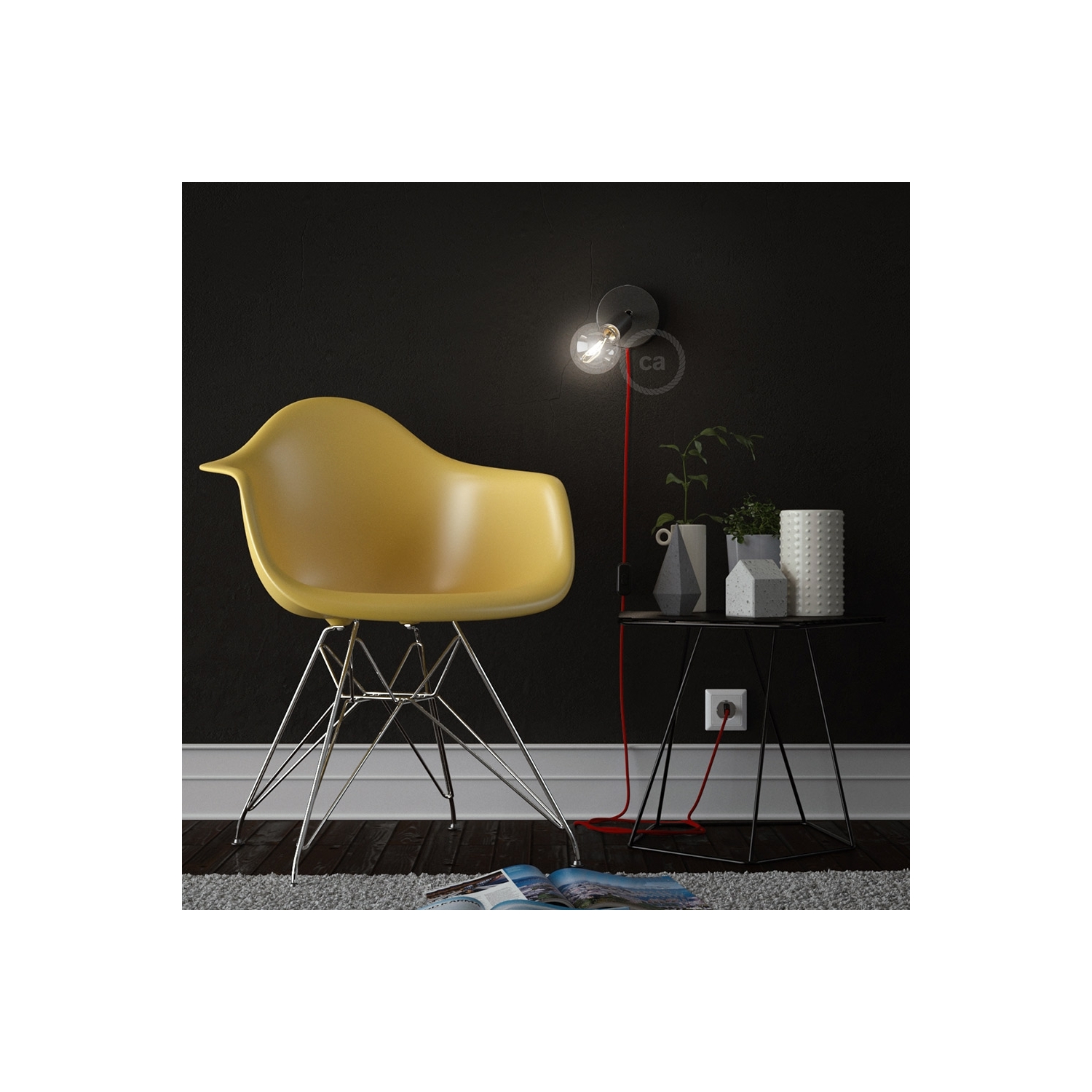 Spostaluce Metallo 90°, the black pearl adjustable light source with fabric cable and side holes
