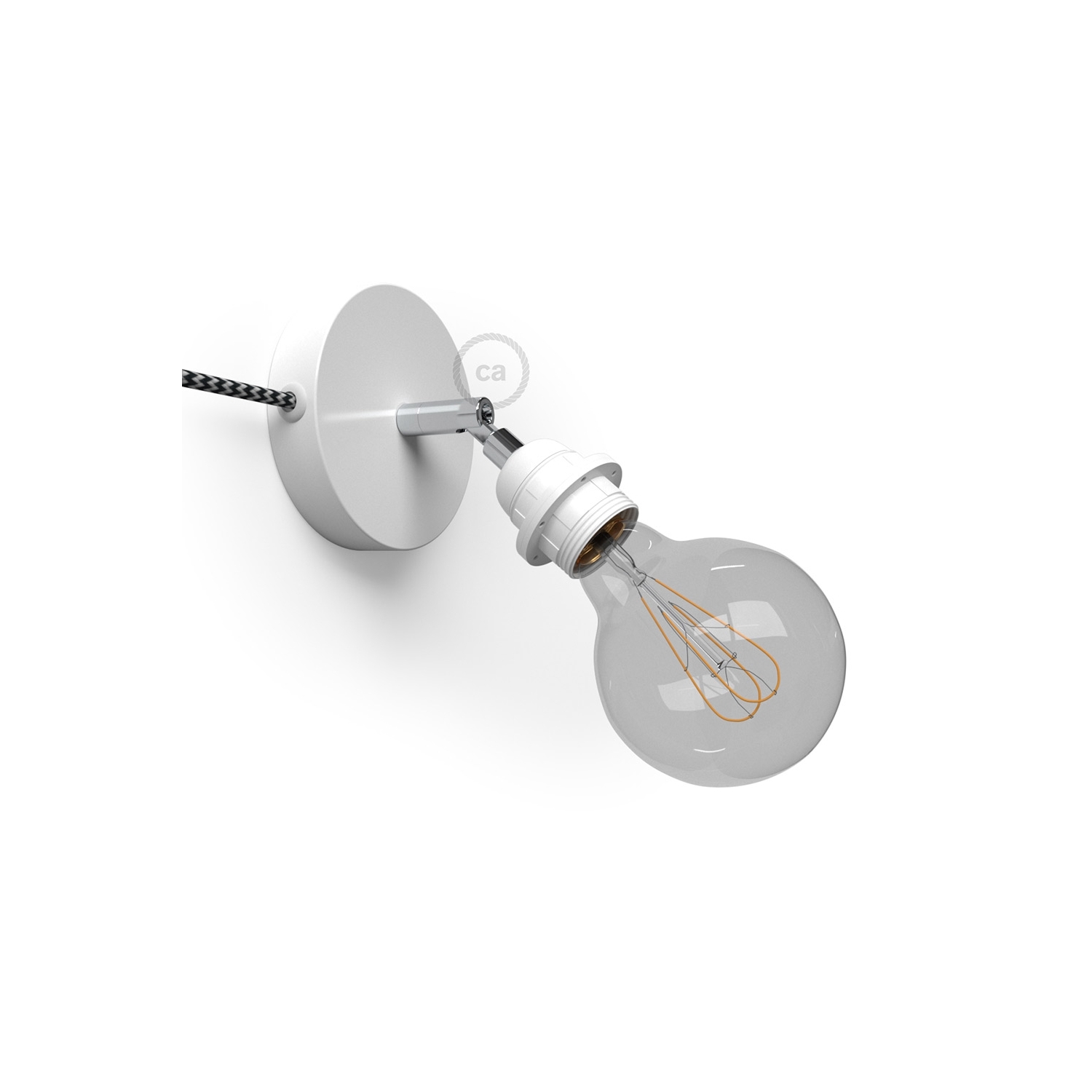 Spostaluce Metallo 90°, the white adjustable light source with E26 threaded socket, fabric cable and side holes