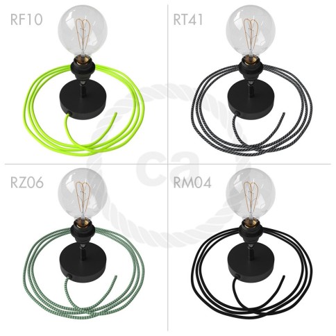 Spostaluce Metallo 90°, the black adjustable light source with E26 threaded socket, fabric cable and side holes
