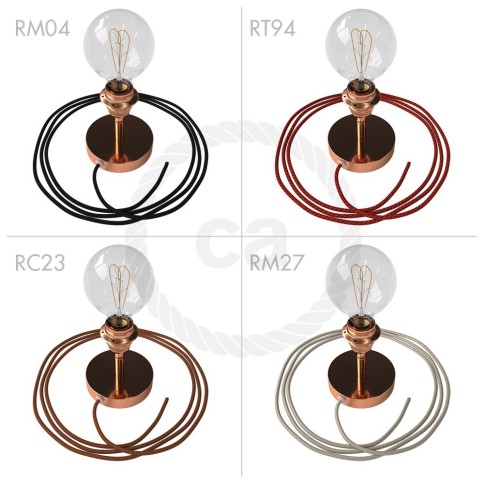 Spostaluce Metallo 90°, the coppered adjustable light source with E26 threaded socket, fabric cable and side holes