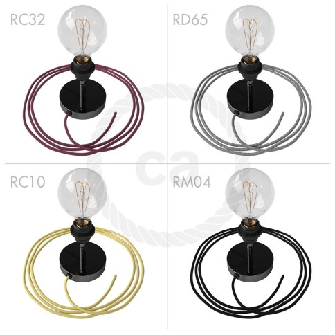 Spostaluce Metallo 90°, the black pearl adjustable light source with E26 threaded socket, fabric cable and side holes