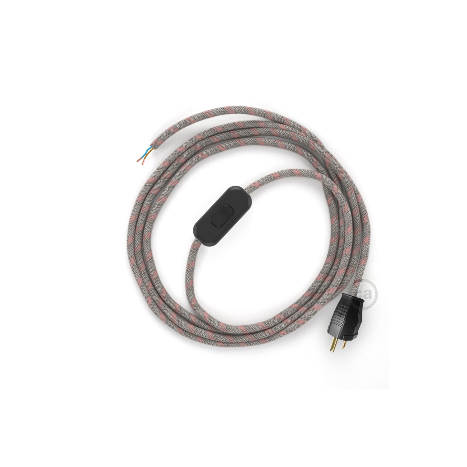 Power Cord with in-line switch, RD51 Natural & Pink Linen Stripe - Choose color of switch/plug