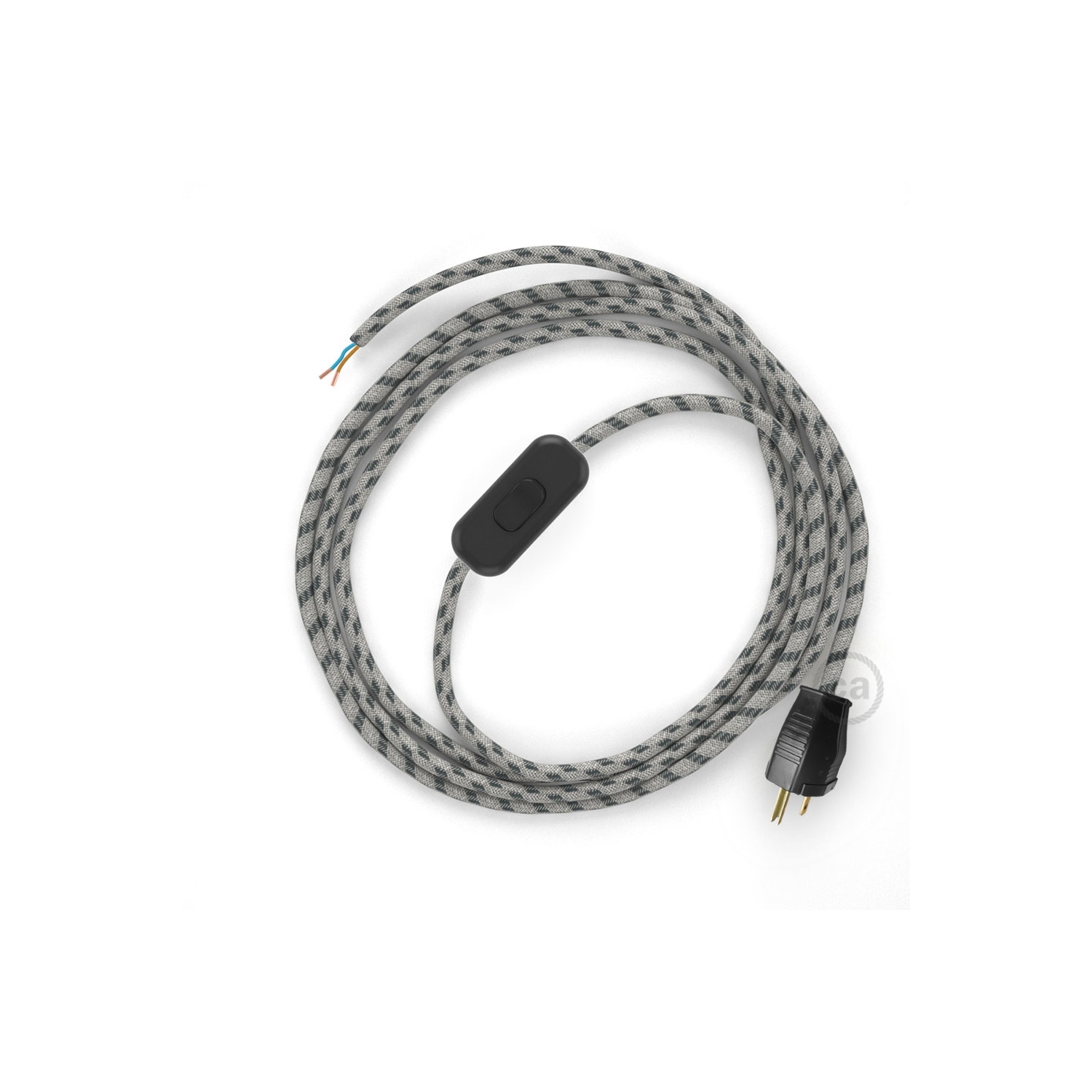 Power Cord with in-line switch, RD54 Natural & Charcoal Linen Stripe - Choose color of switch/plug