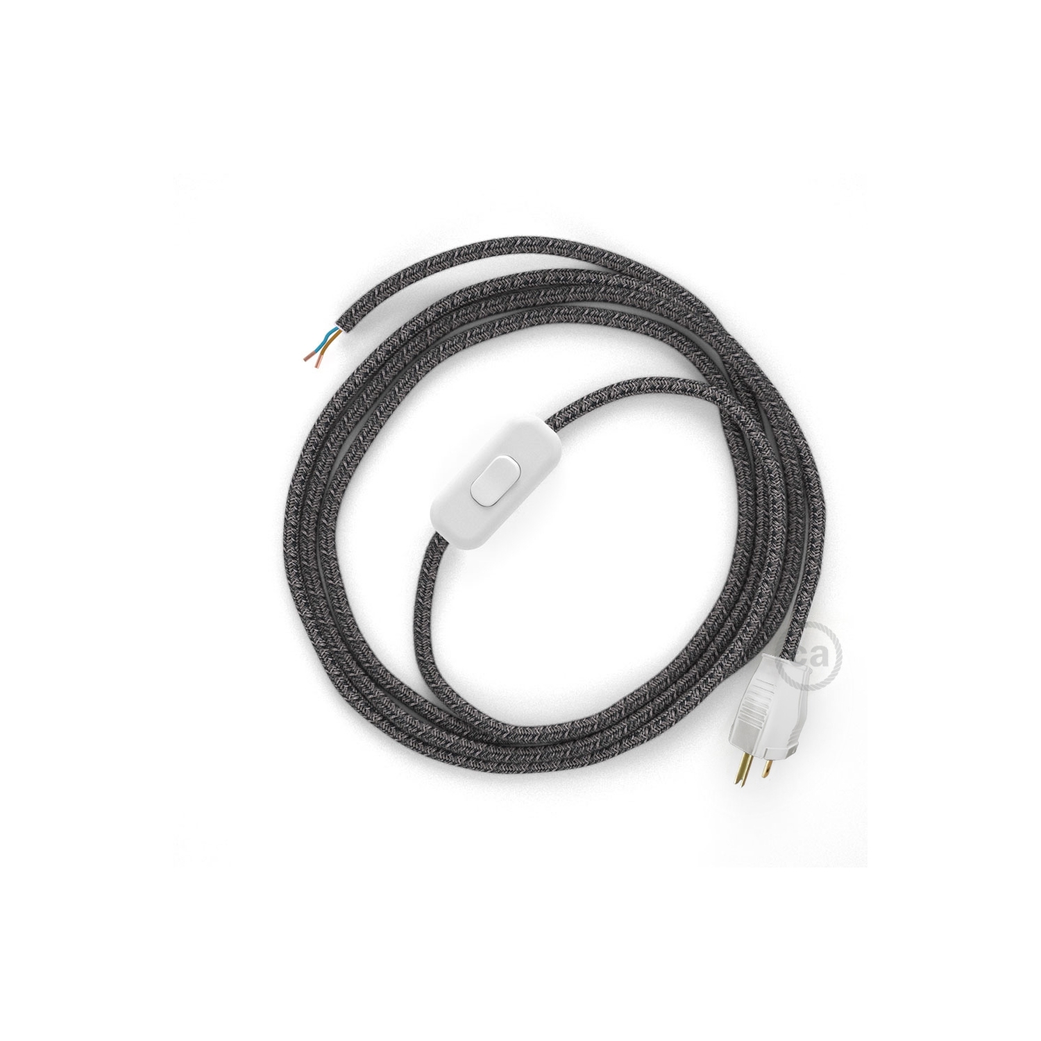 Power Cord with in-line switch, RS81 Black Glitter Cotton & Natural Linen Tweed - Choose color of switch/plug