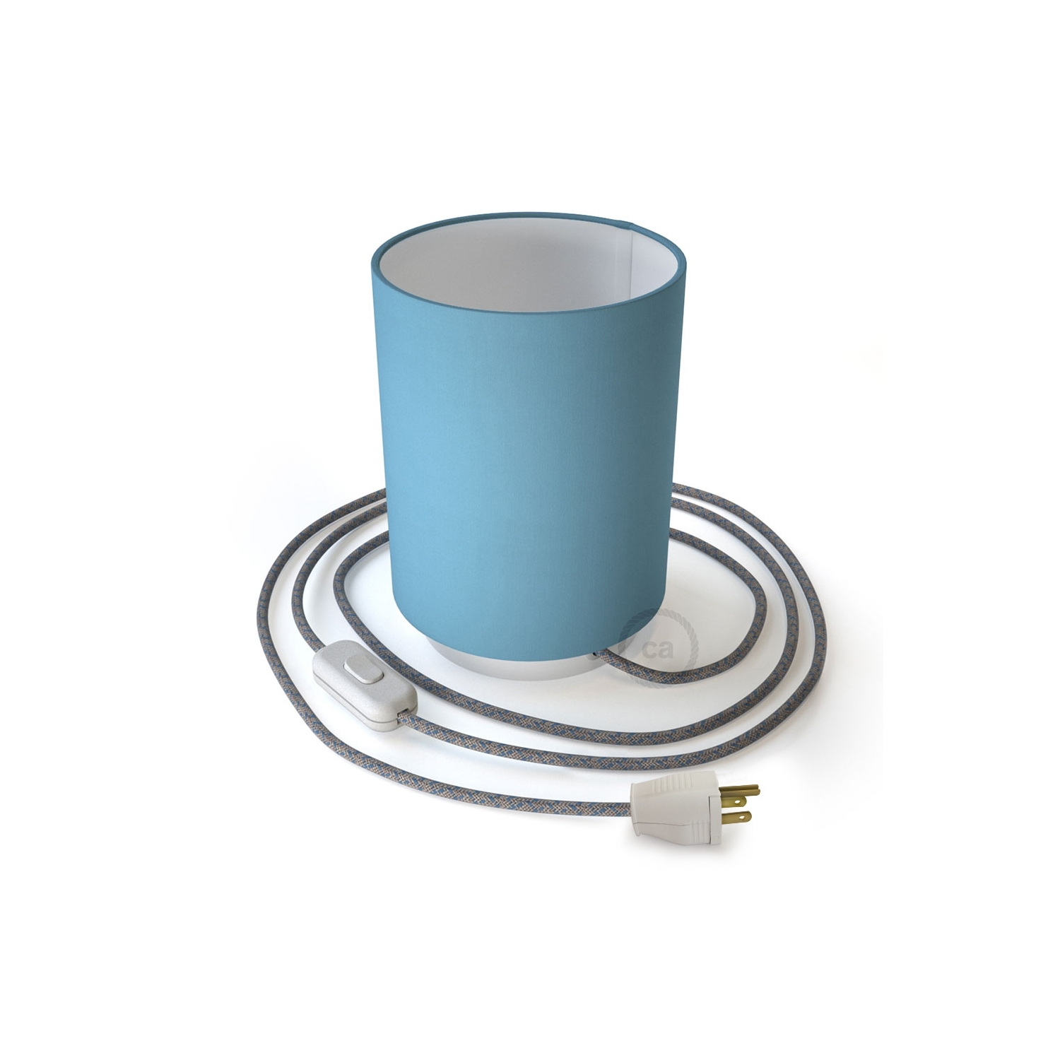 Posaluce with Blue Canvas Cylinder lampshade, white metal, with textile cable, switch and plug