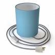 Posaluce with Blue Canvas Cylinder lampshade, white metal, with textile cable, switch and plug
