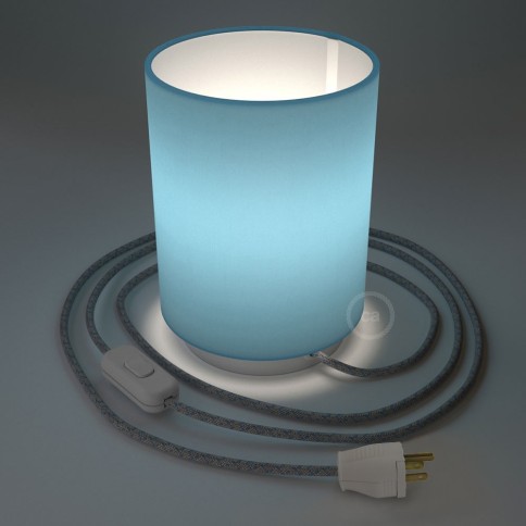Posaluce with Blue Canvas Cylinder lampshade, white metal, with textile cable, switch and plug