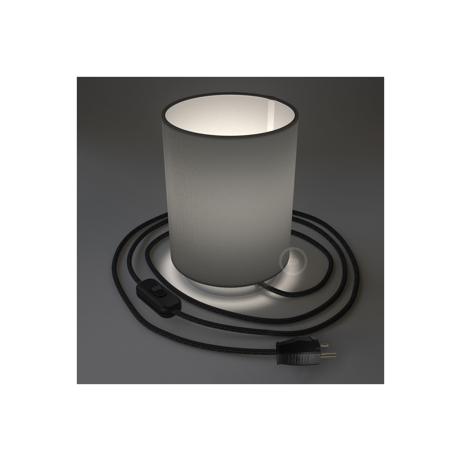 Posaluce with Penguin Electra Cylinder lampshade, chrome metal, with textile cable, switch and plug