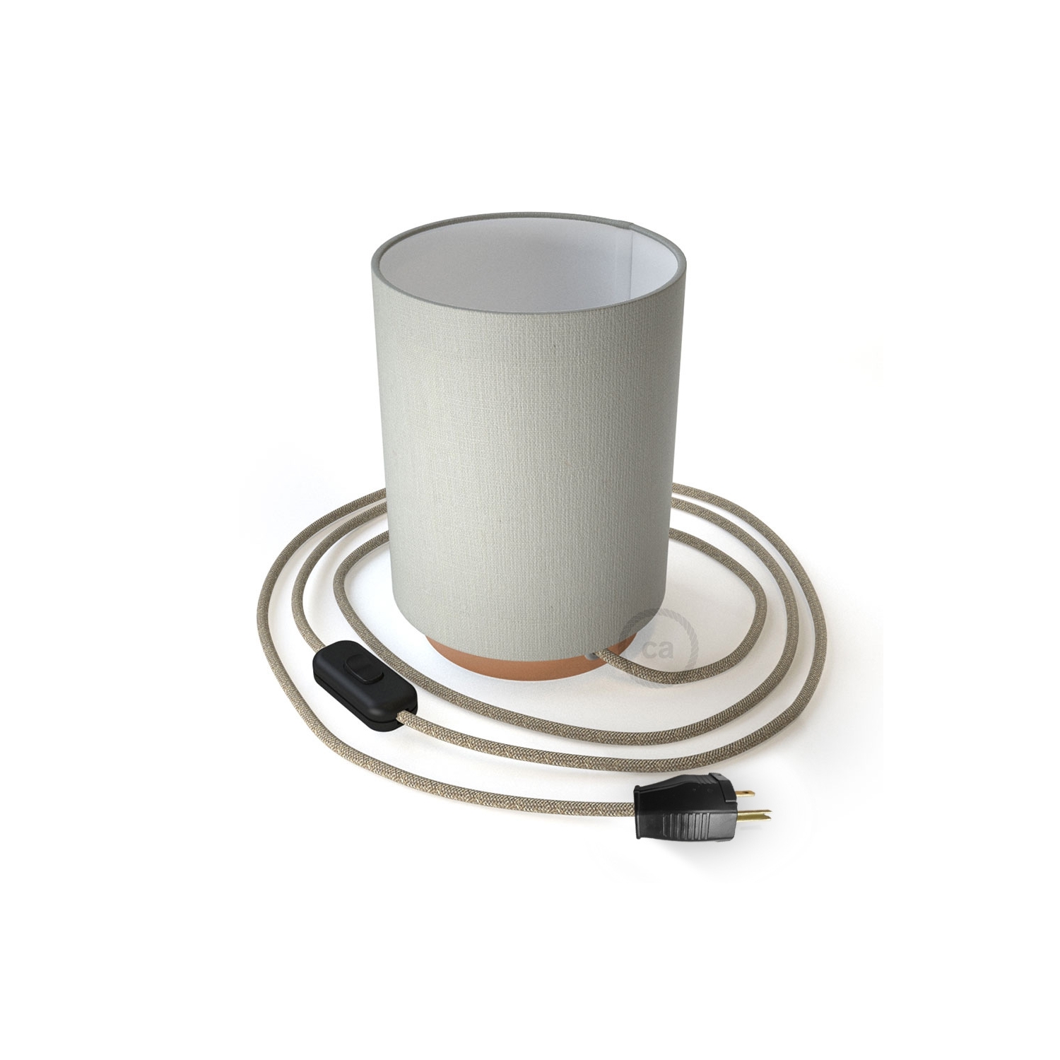 Posaluce with White Raw Cotton Cylinder lampshade, coppered metal, with textile cable, switch and plug