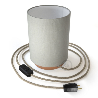 Posaluce with White Raw Cotton Cylinder lampshade, coppered metal, with textile cable, switch and plug