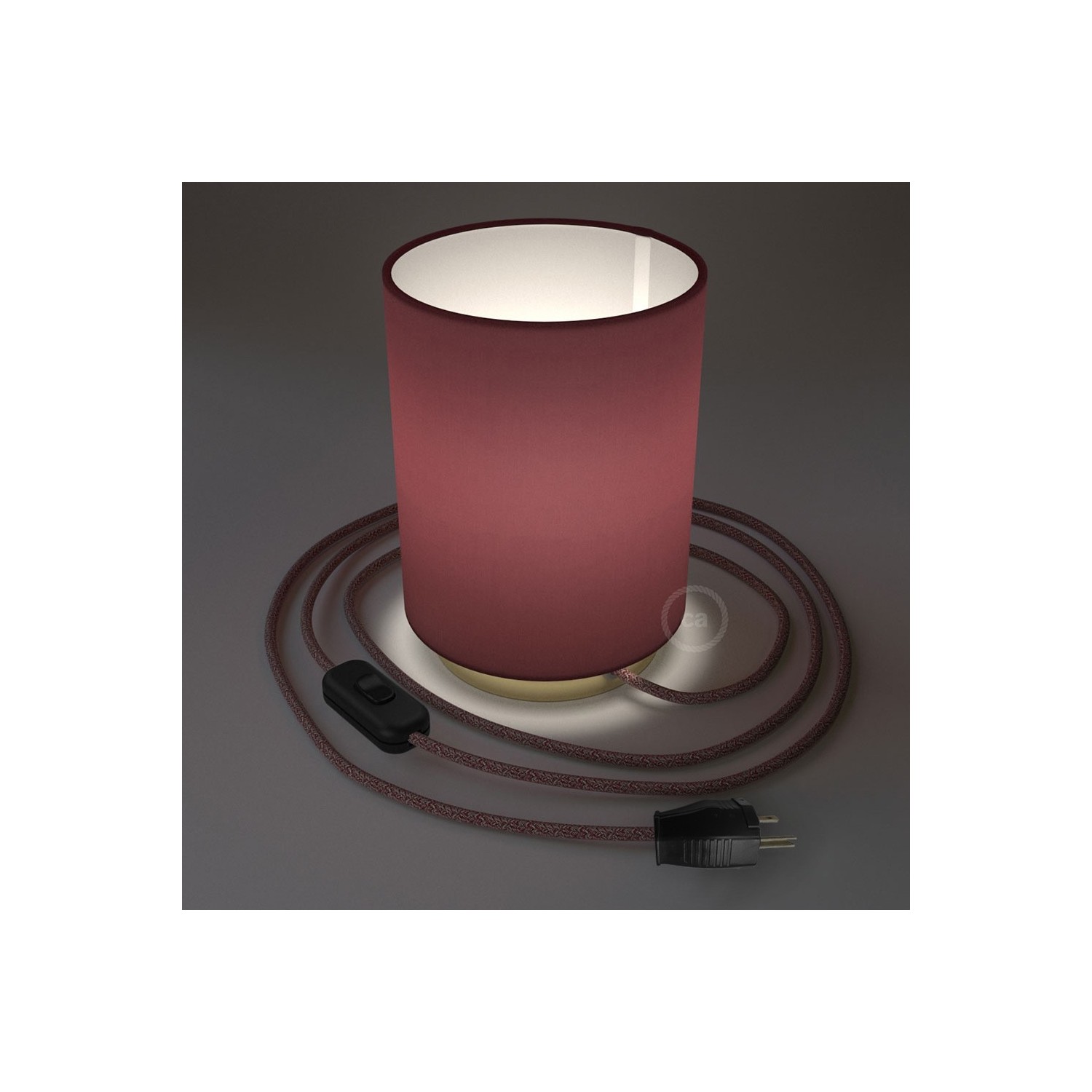 Posaluce with Burgundy Canvas Cylinder lampshade, brass metal, with textile cable, switch and plug