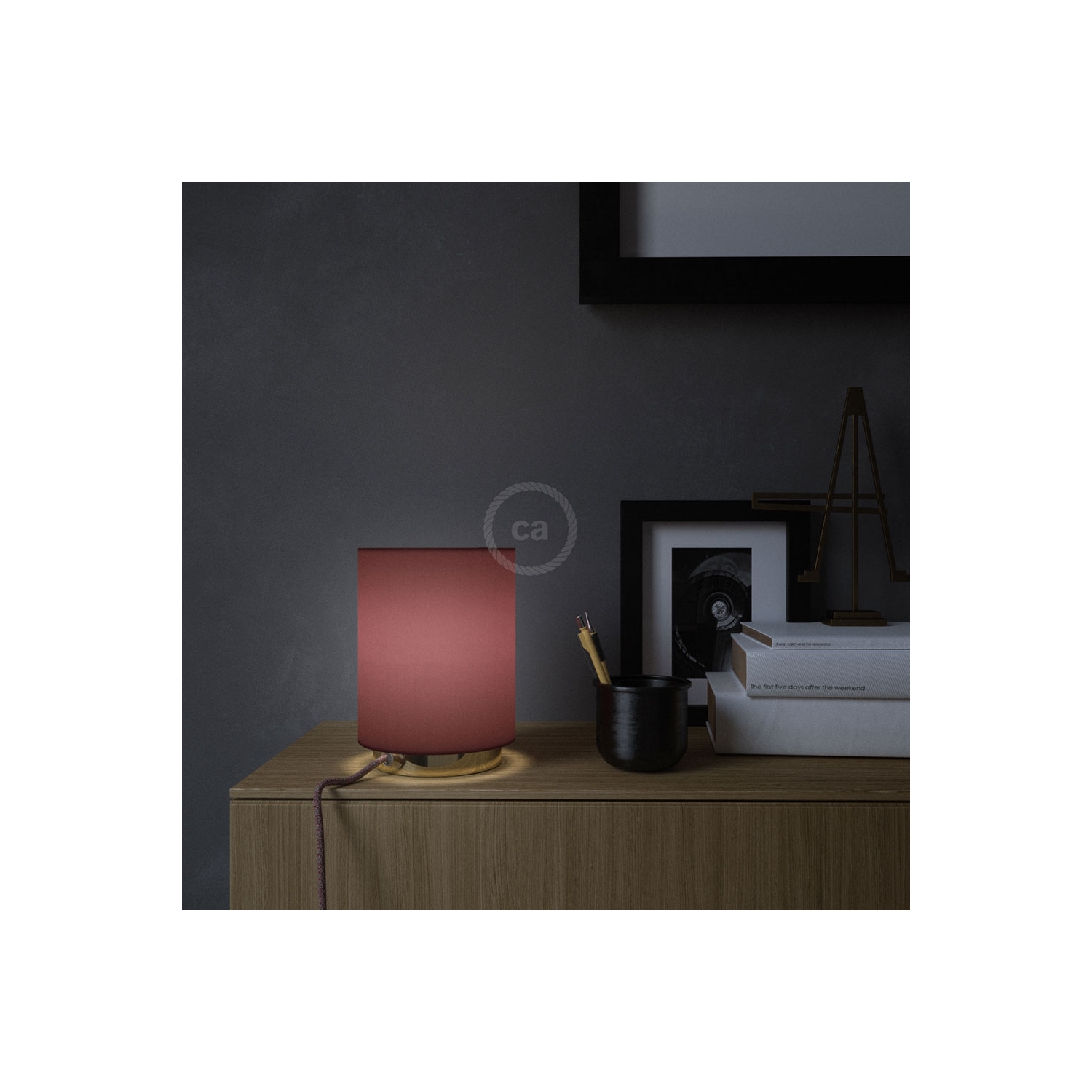 Posaluce with Burgundy Canvas Cylinder lampshade, brass metal, with textile cable, switch and plug