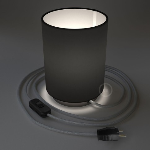 Posaluce with Black Canvas Cylinder lampshade, black pearl metal, with textile cable, switch and plug