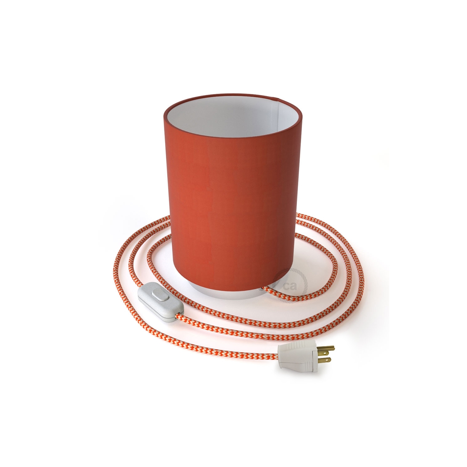 Posaluce with Lobster Cinette Cylinder lampshade, white metal, with textile cable, switch and plug