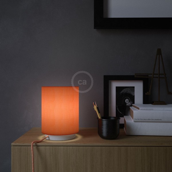 Posaluce with Lobster Cinette Cylinder lampshade, white metal, with textile cable, switch and plug