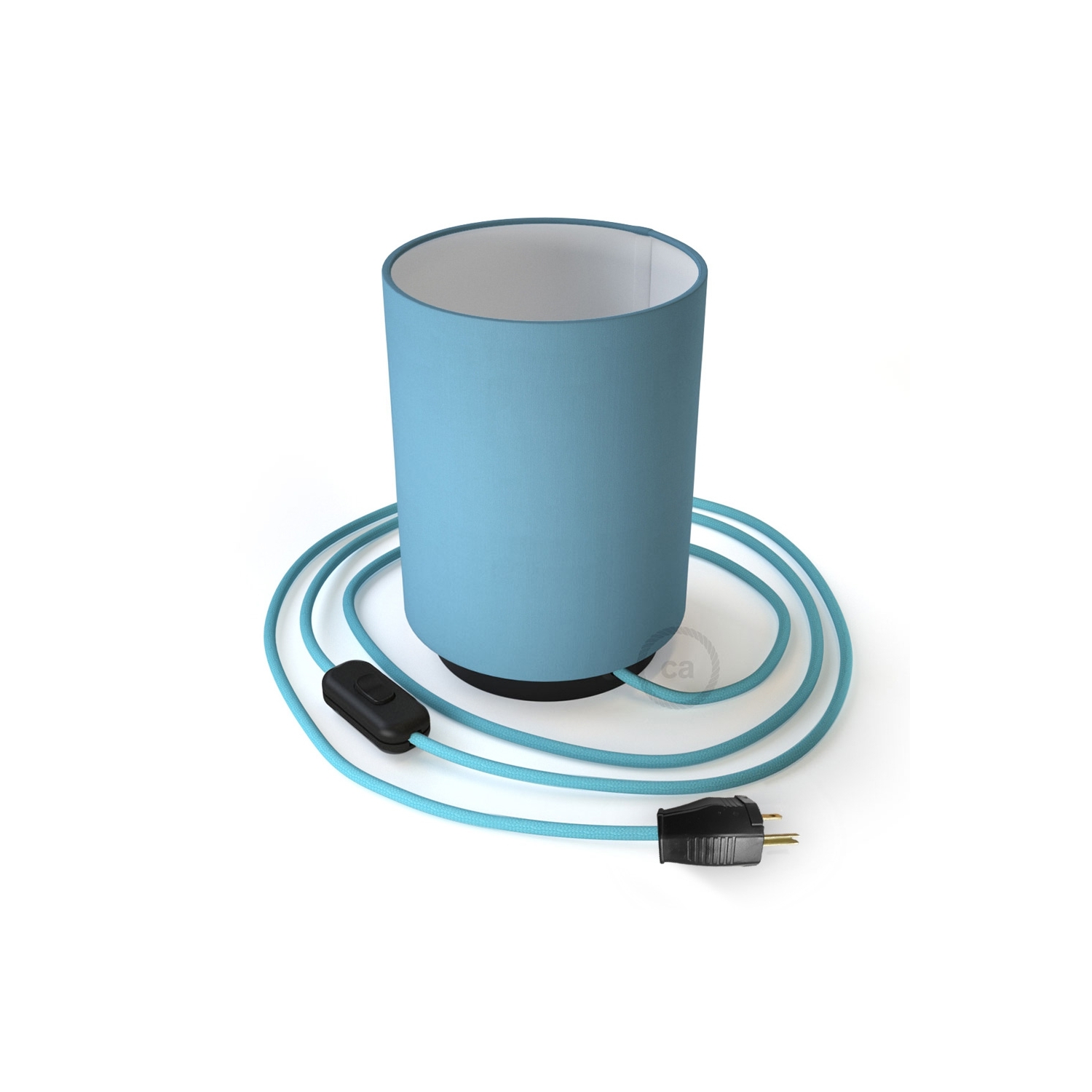 Posaluce with Blue Canvas Cylinder lampshade, black metal, with textile cable, switch and plug