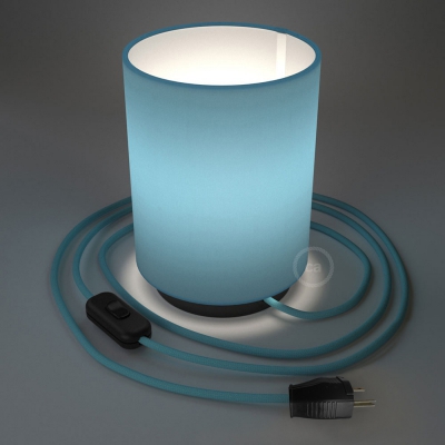 Posaluce with Blue Canvas Cylinder lampshade, black metal, with textile cable, switch and plug