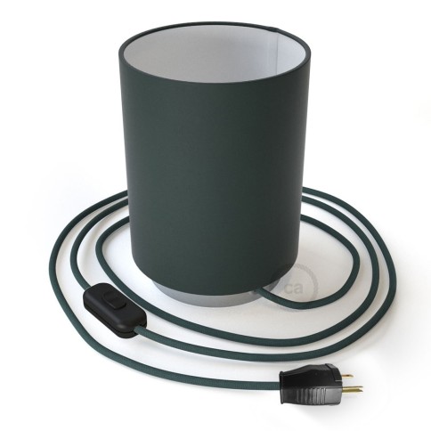 Posaluce with Petrol Blue Cinette Cylinder lampshade, chrome metal, with textile cable, switch and plug