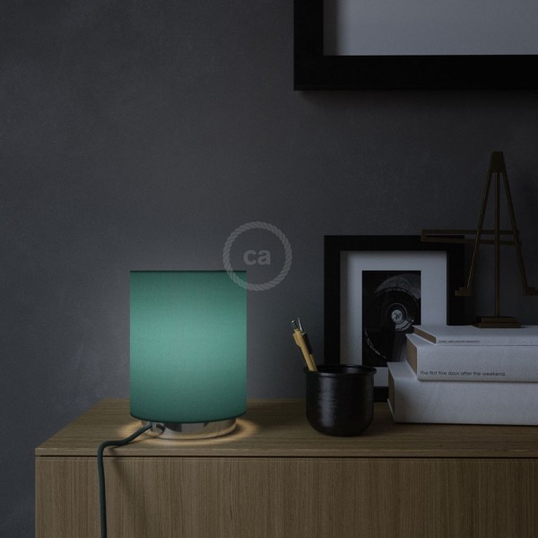 Posaluce with Petrol Blue Cinette Cylinder lampshade, chrome metal, with textile cable, switch and plug
