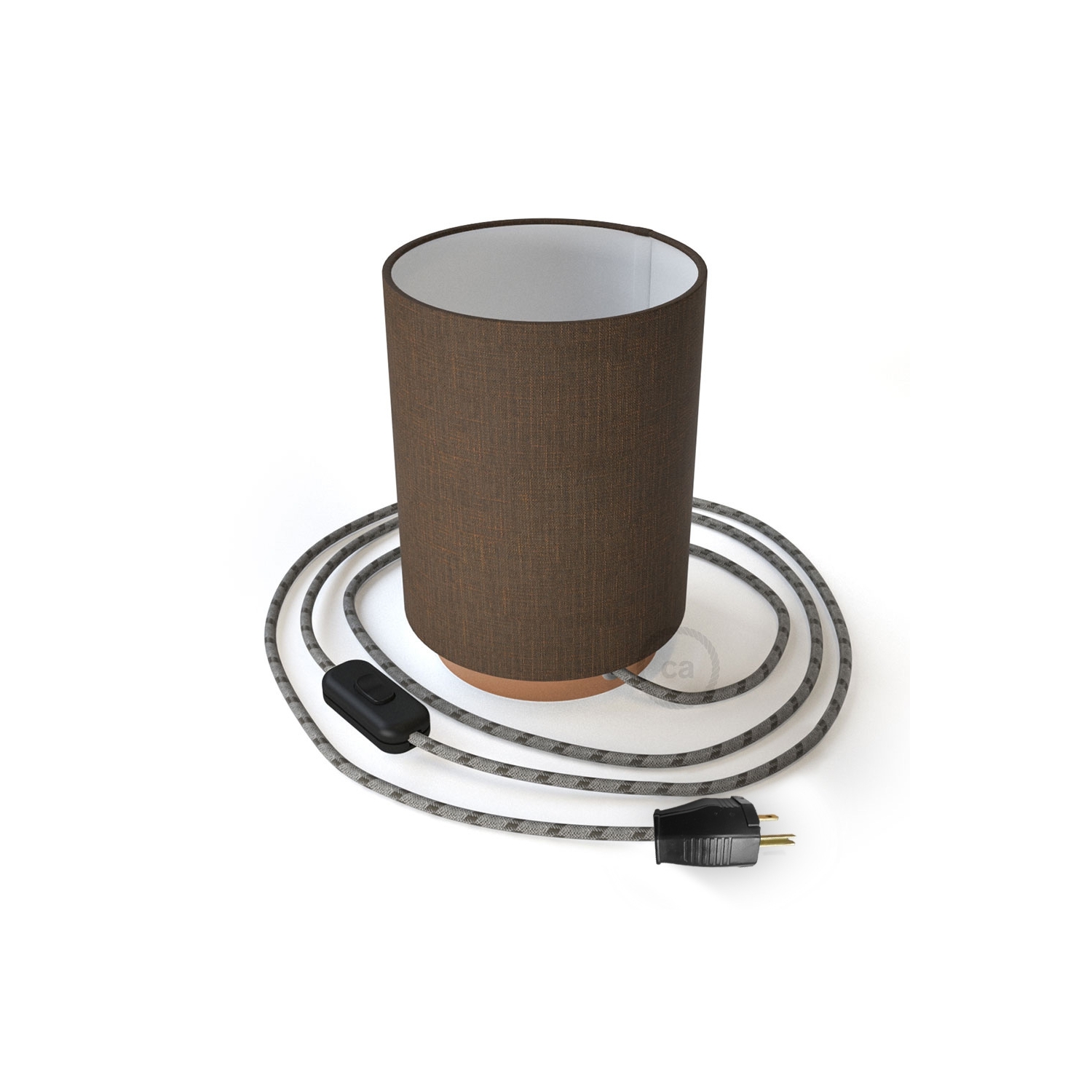Posaluce with Brown Camelot Cylinder lampshade, coppered metal, with textile cable, switch and plug