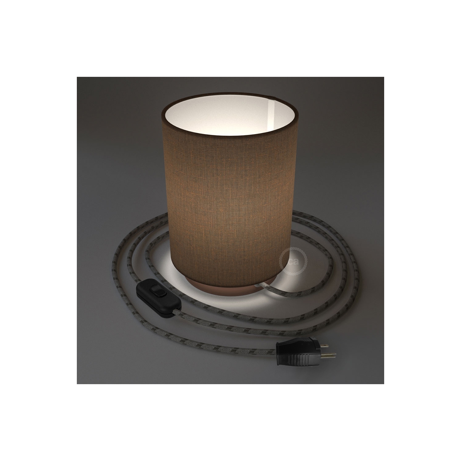 Posaluce with Brown Camelot Cylinder lampshade, coppered metal, with textile cable, switch and plug