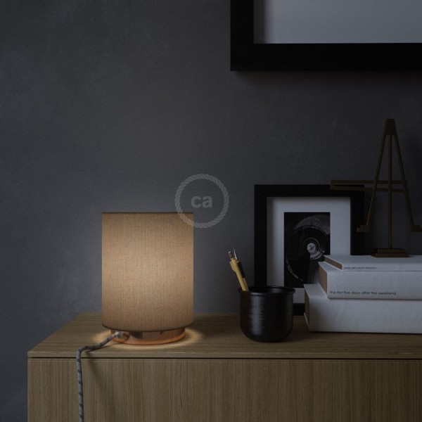 Posaluce with Brown Camelot Cylinder lampshade, coppered metal, with textile cable, switch and plug
