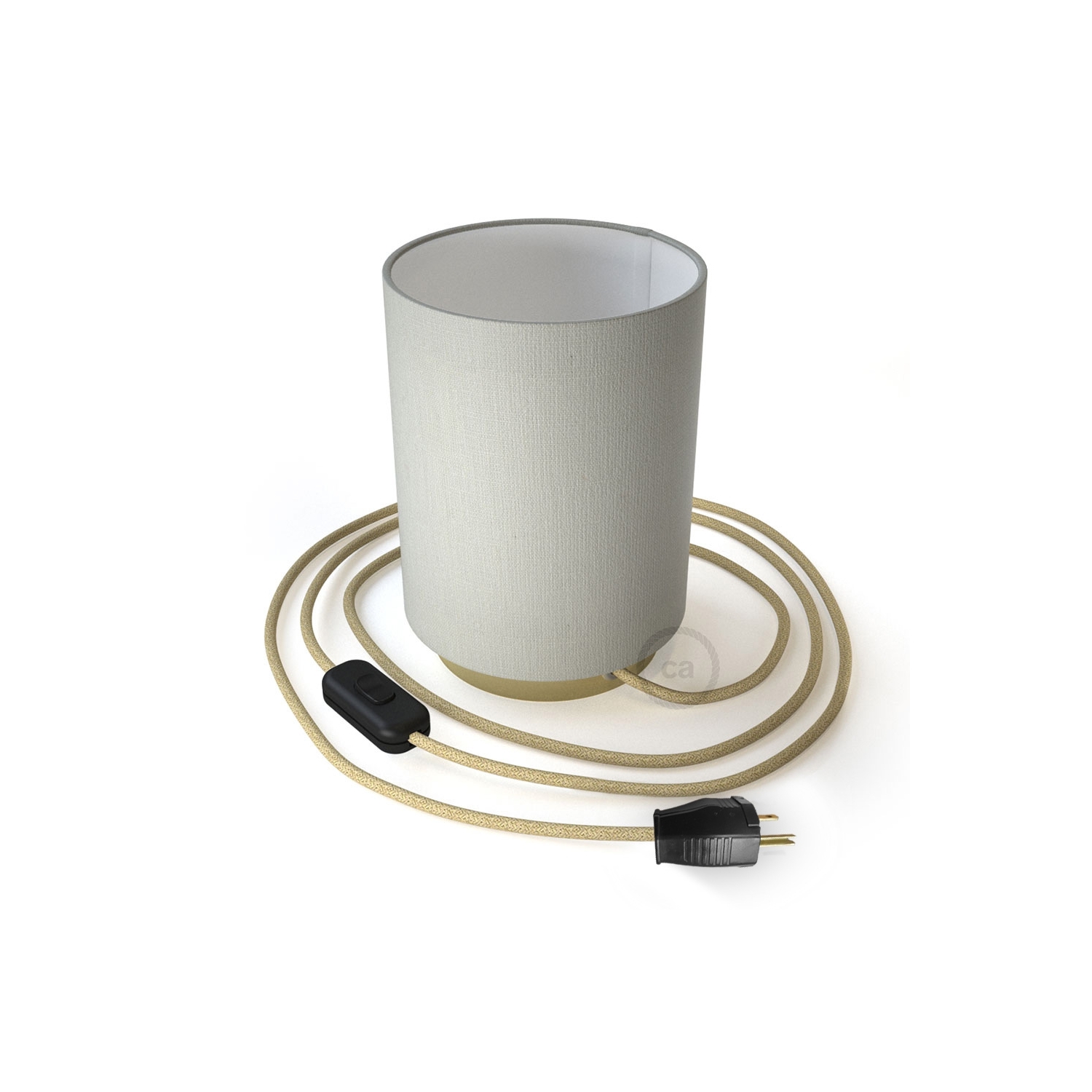 Posaluce with White Raw Cotton Cylinder lampshade, brass metal, with textile cable, switch and plug