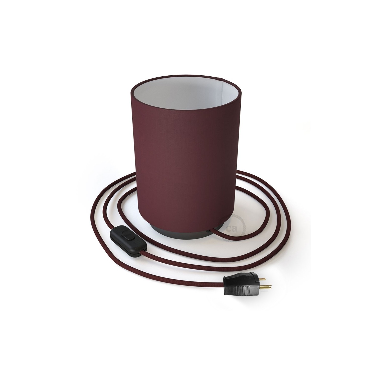 Posaluce with Burgundy Canvas Cylinder lampshade, black pearl metal, with textile cable, switch and plug