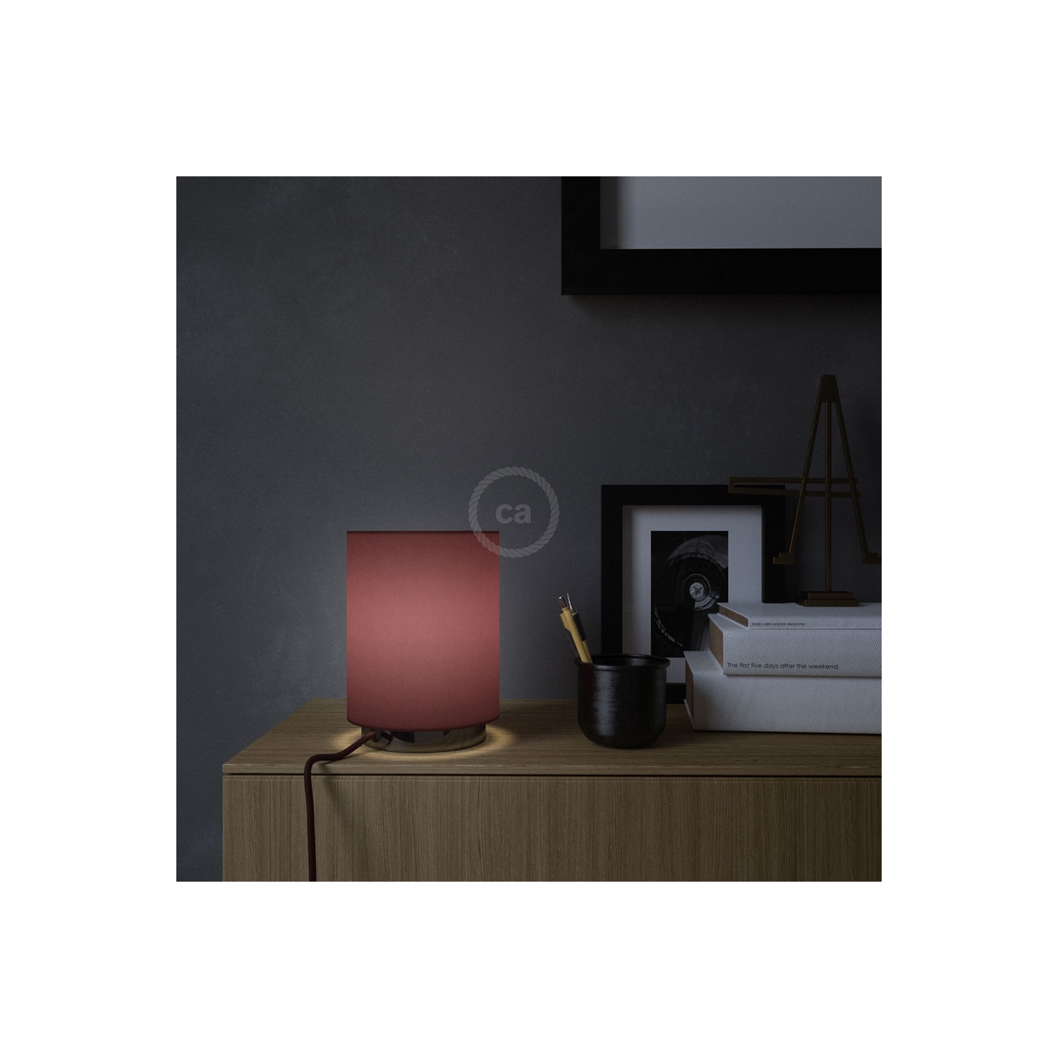 Posaluce with Burgundy Canvas Cylinder lampshade, black pearl metal, with textile cable, switch and plug