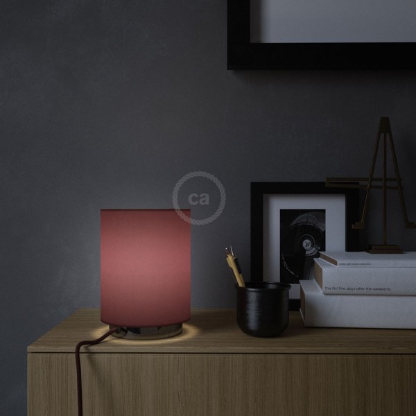Posaluce with Burgundy Canvas Cylinder lampshade, black pearl metal, with textile cable, switch and plug