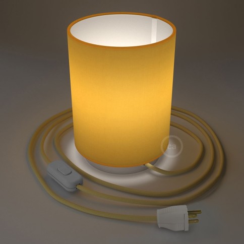 Posaluce with Bright Yellow Canvas Cylinder lampshade, white metal, with textile cable, switch and plug