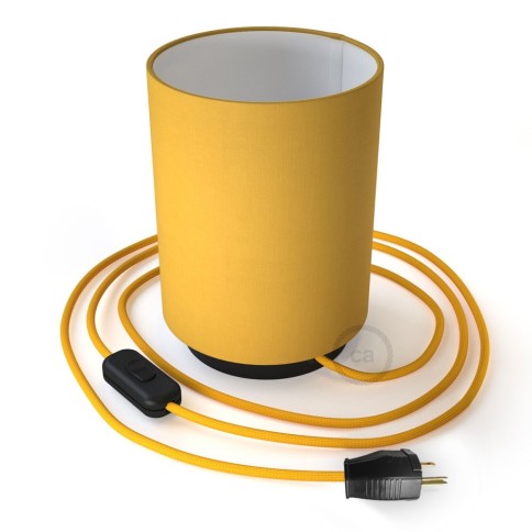 Posaluce with Bright Yellow Canvas Cylinder lampshade, black metal, with textile cable, switch and plug