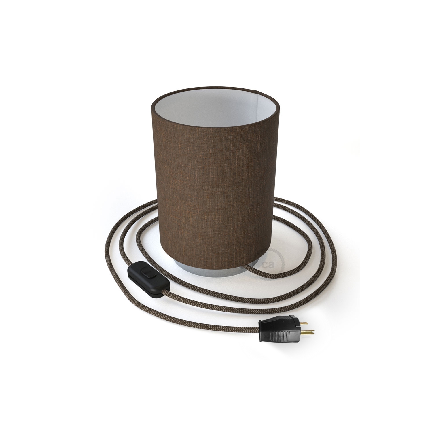 Posaluce with Brown Camelot Cylinder lampshade, chrome metal, with textile cable, switch and plug
