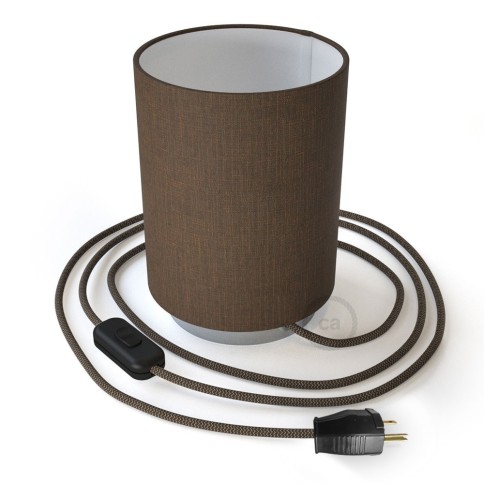 Posaluce with Brown Camelot Cylinder lampshade, chrome metal, with textile cable, switch and plug