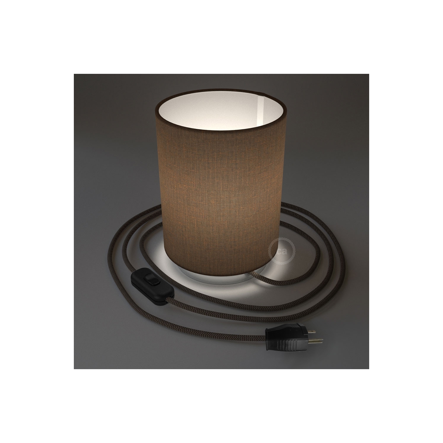 Posaluce with Brown Camelot Cylinder lampshade, chrome metal, with textile cable, switch and plug