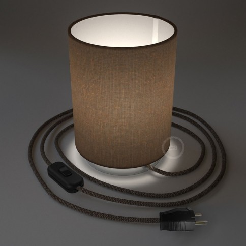 Posaluce with Brown Camelot Cylinder lampshade, chrome metal, with textile cable, switch and plug
