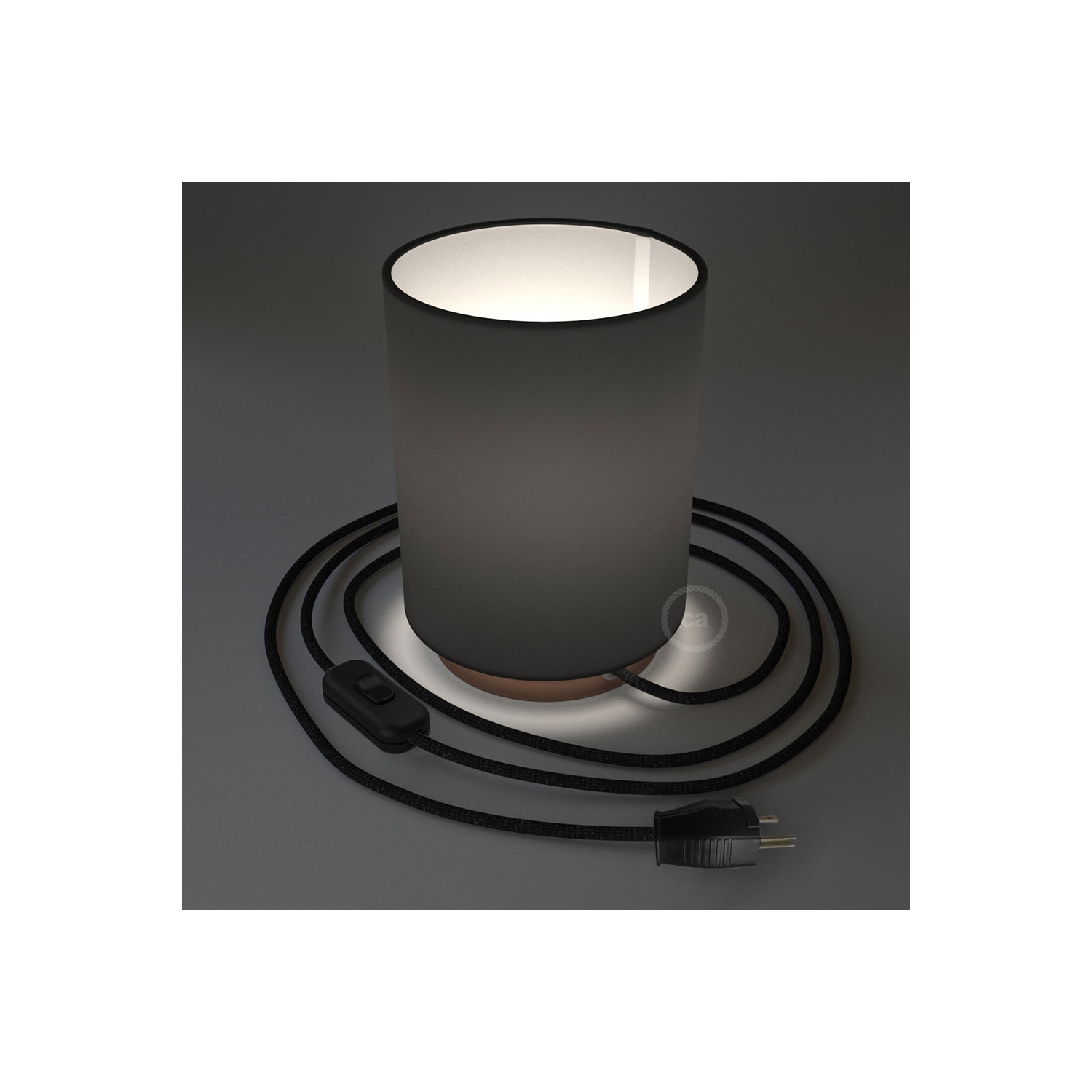 Posaluce with Black Canvas Cylinder lampshade, coppered metal, with textile cable, switch and plug