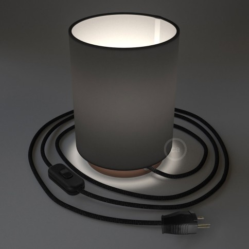 Posaluce with Black Canvas Cylinder lampshade, coppered metal, with textile cable, switch and plug