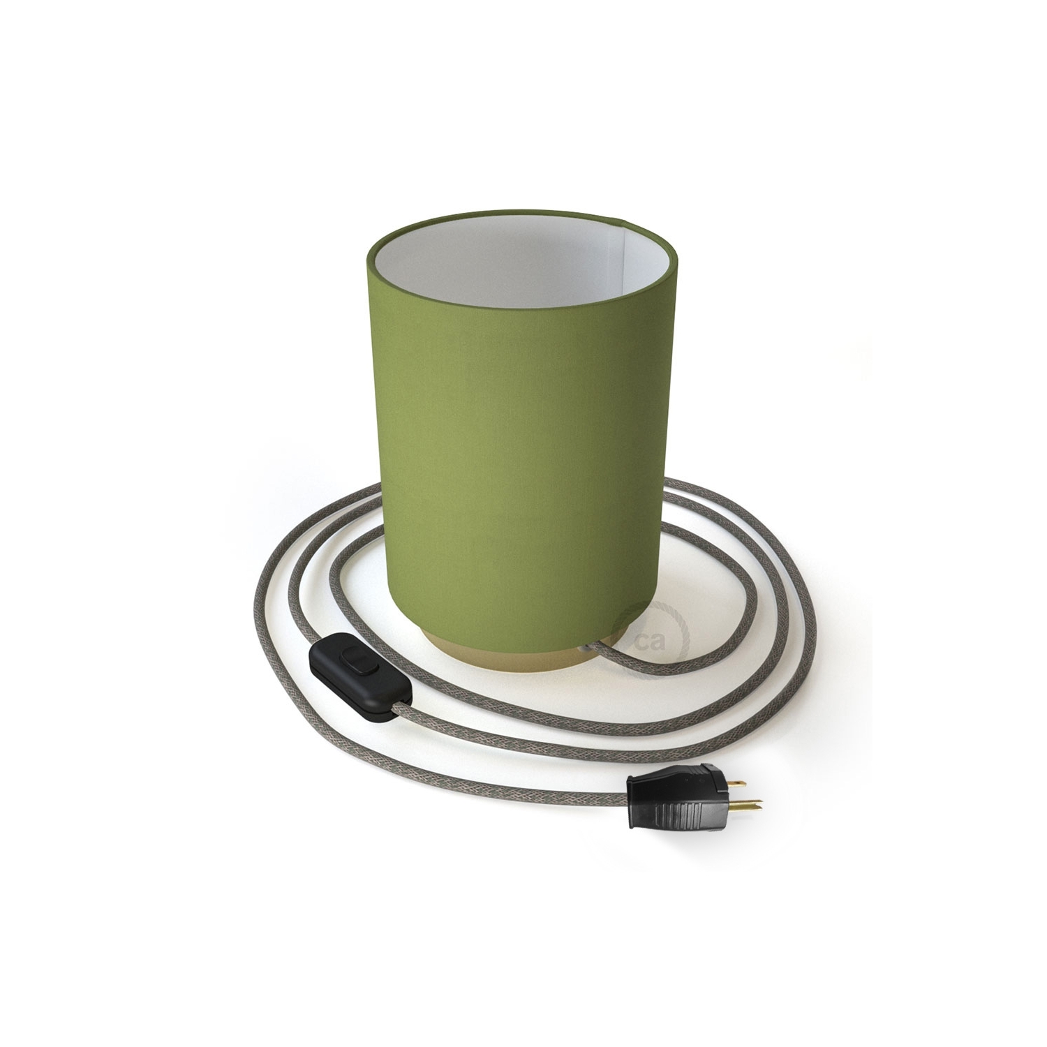 Posaluce with Olive Green Canvas Cylinder lampshade, brass metal, with textile cable, switch and plug