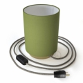 Posaluce with Olive Green Canvas Cylinder lampshade, brass metal, with textile cable, switch and plug