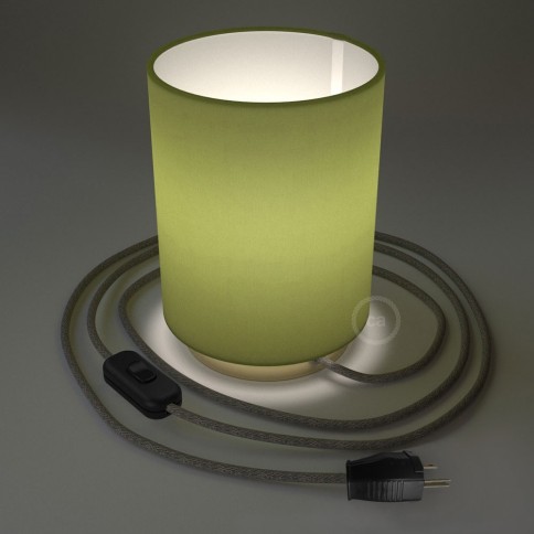 Posaluce with Olive Green Canvas Cylinder lampshade, brass metal, with textile cable, switch and plug