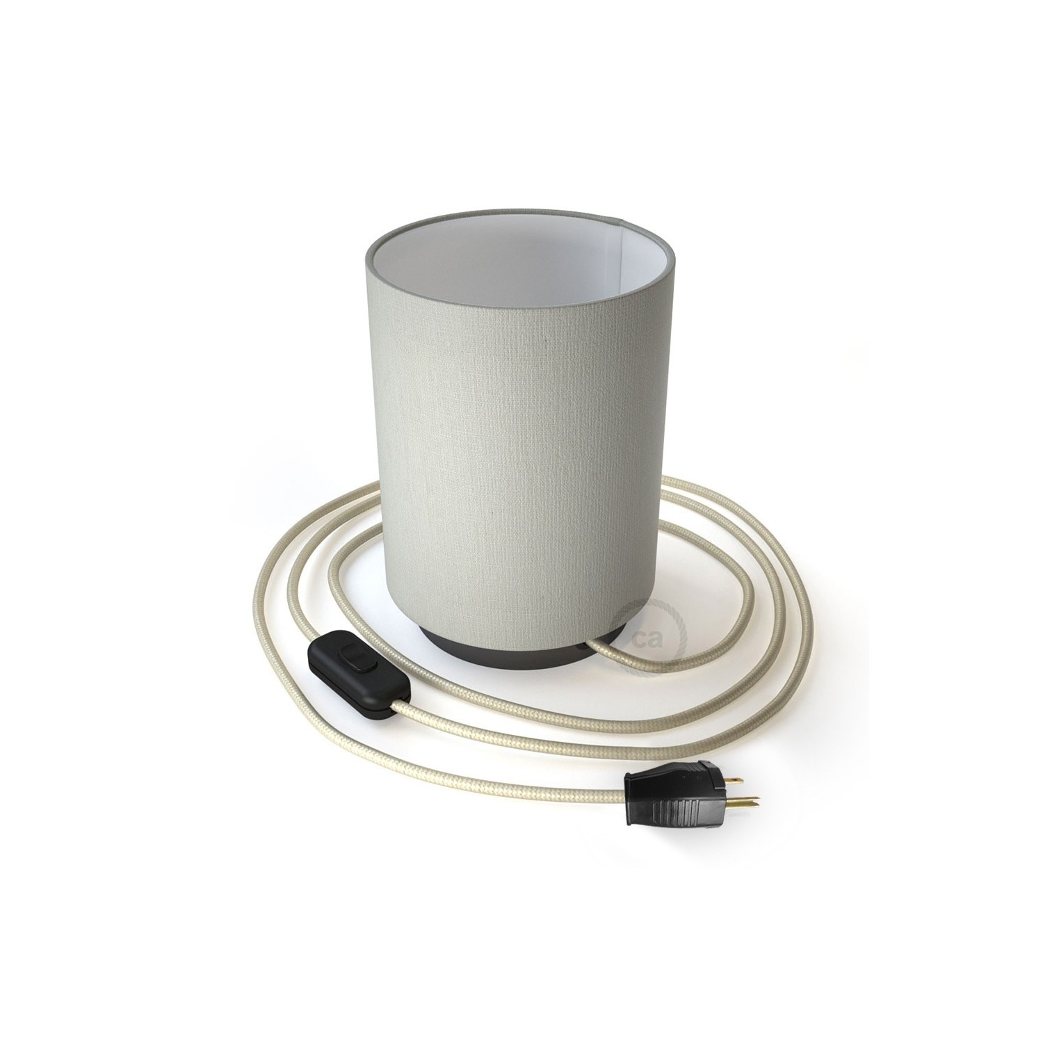 Posaluce with White Raw Cotton Cylinder lampshade, black pearl metal, with textile cable, switch and plug