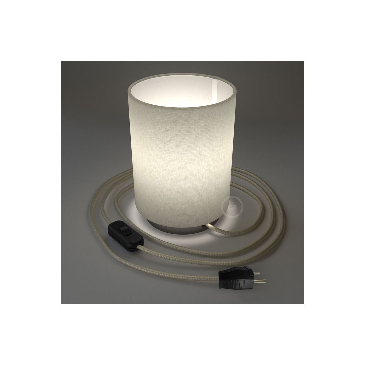 Posaluce with White Raw Cotton Cylinder lampshade, black pearl metal, with textile cable, switch and plug