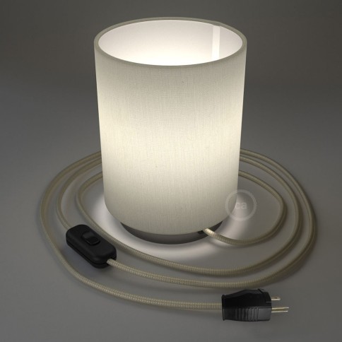 Posaluce with White Raw Cotton Cylinder lampshade, black pearl metal, with textile cable, switch and plug